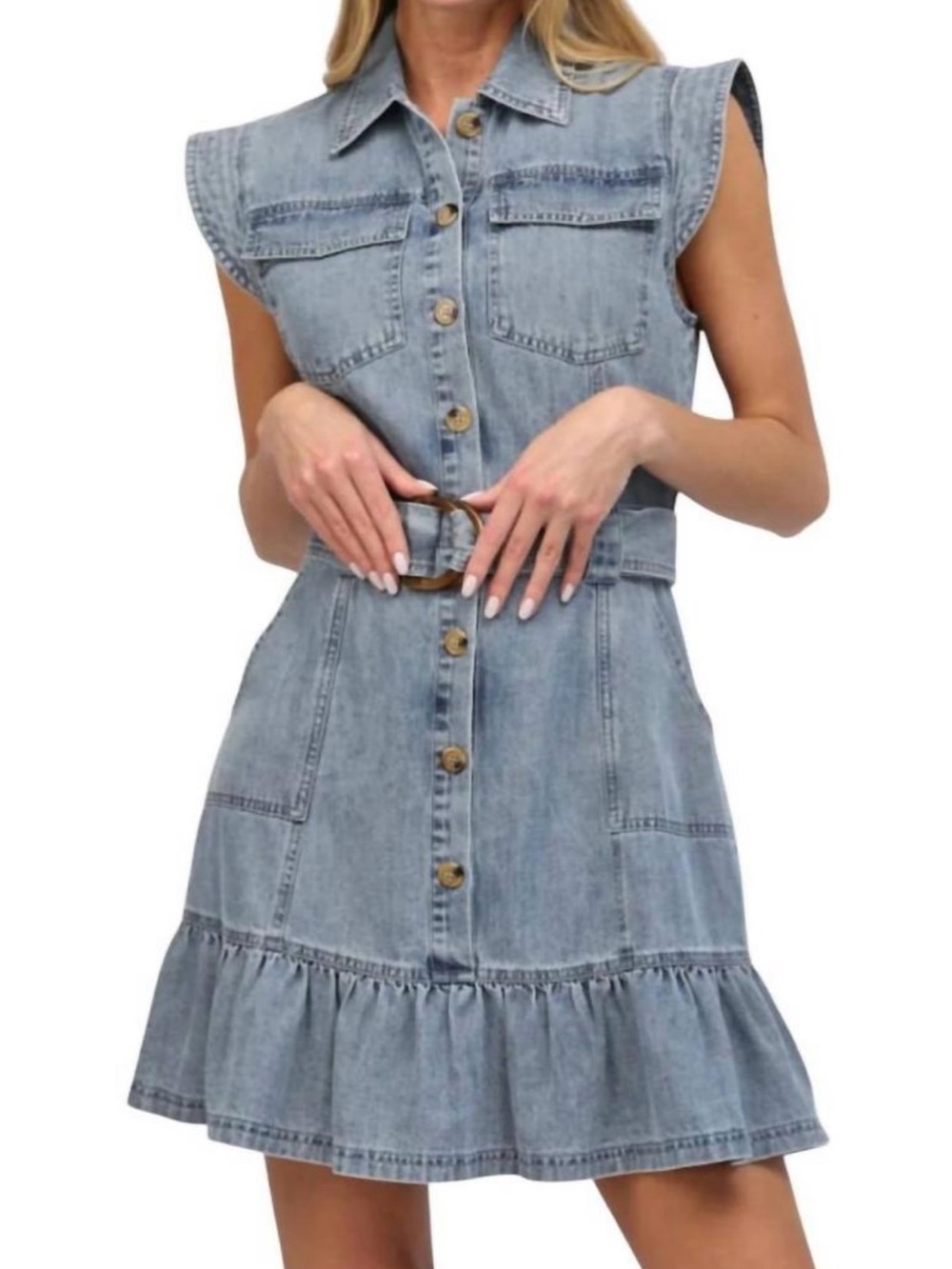Fate XS Light Blue Denim Button-Front Dress with Belt - Picture 3 of 9